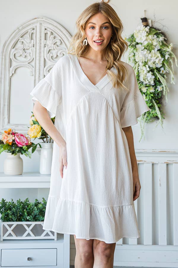 Flowy Crinkle V-Neck Short Sleeve Ruffle Hem Dress D5146