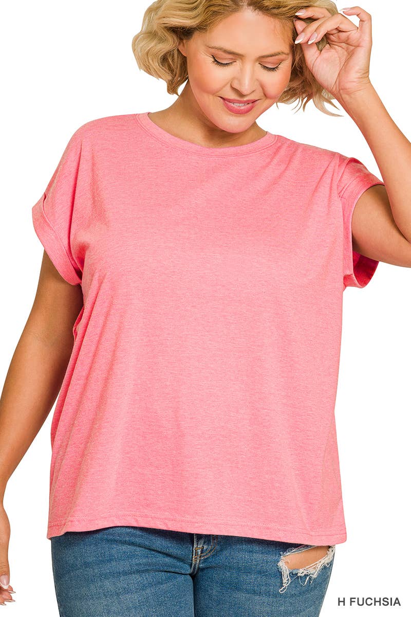 ._ 1016 Plus Round Neck Folded Short Sleeve T Shirt SI-27019