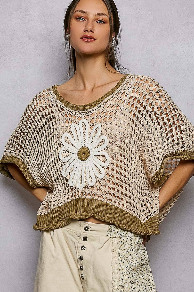 Round Neck Sleeveless Floral Thin Sweater Top