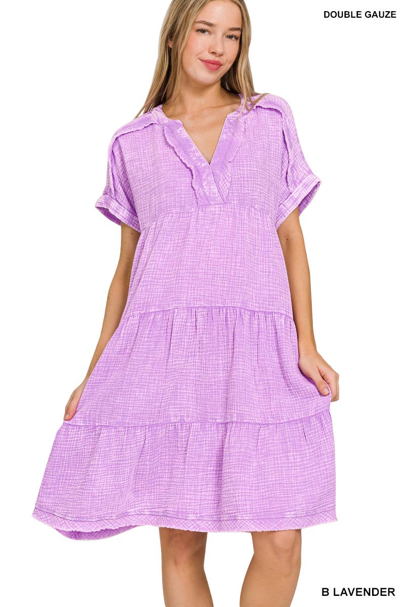 `.Washed Double Gauze Raw Edge Dress w/ Pockets