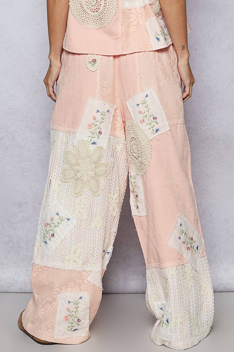Solid Lace Patch Detail Woven Pants