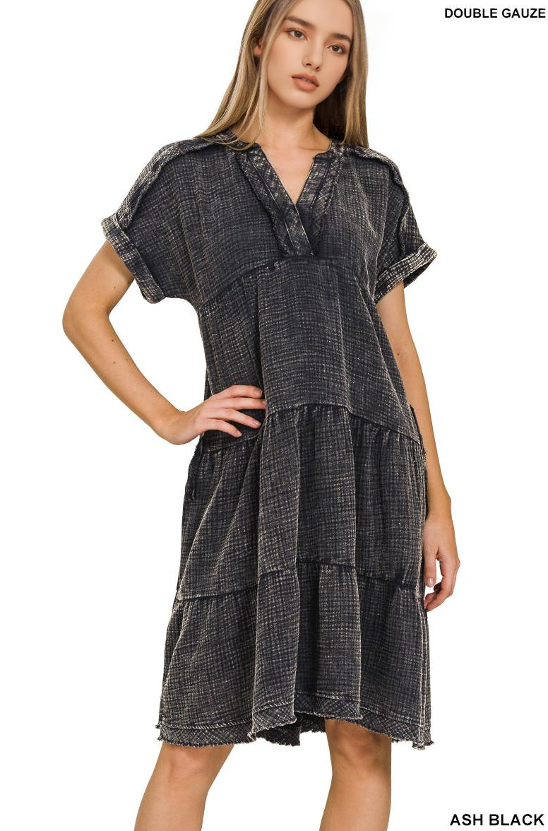 ..1217 Washed Double Gauze Raw Edge V Neck Dress w/ Pockets SI-2745