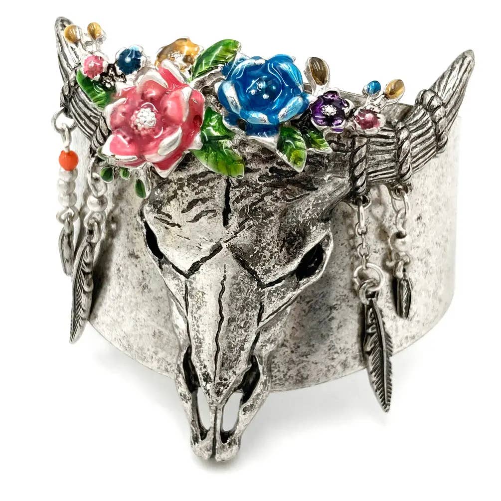 Longhorn Skull Bohemian Flowers Western Wide Cuff Bracelet