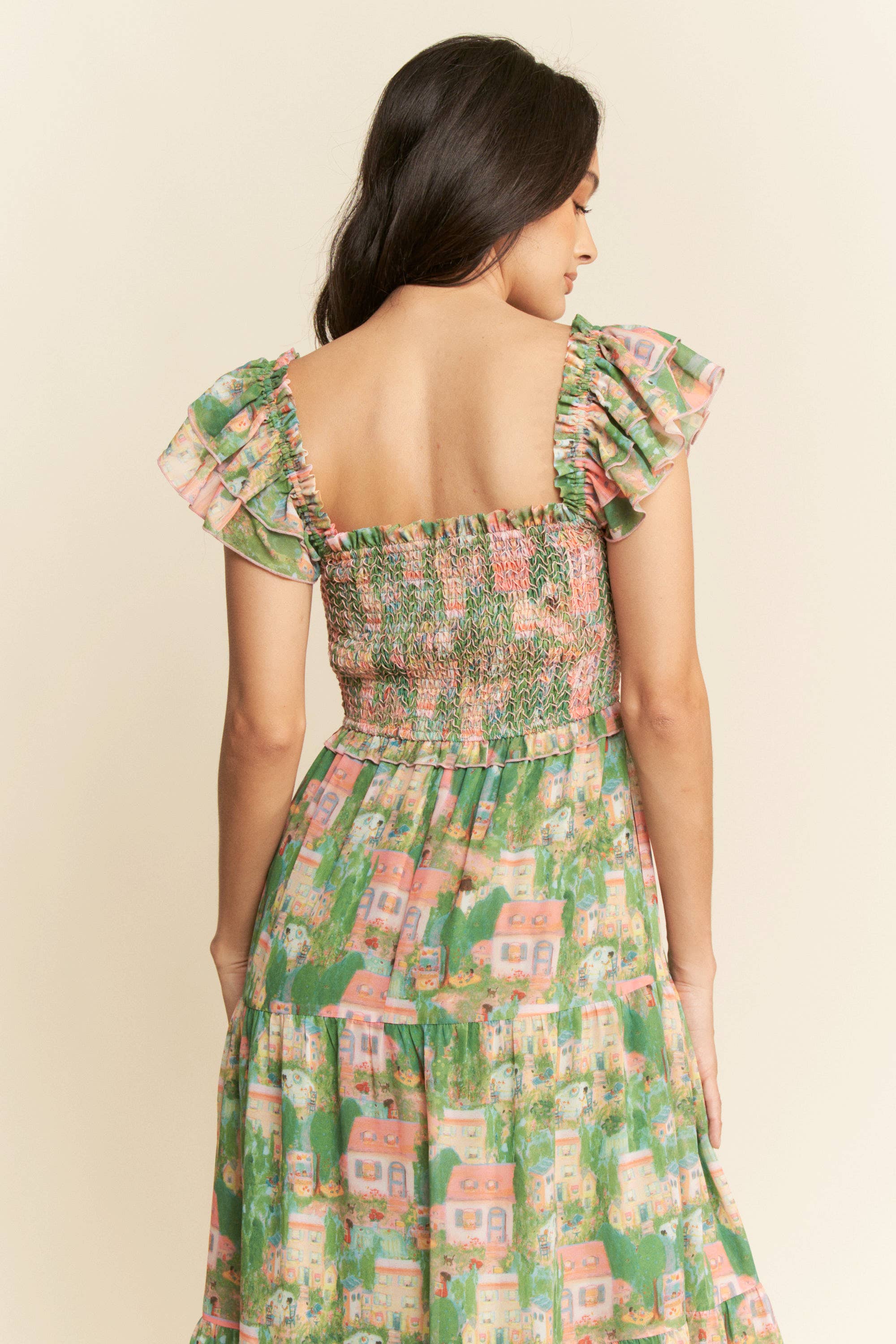 VILLAGE SMOCKING BODICE RUFFLE SLEEVE MAXI DRESS