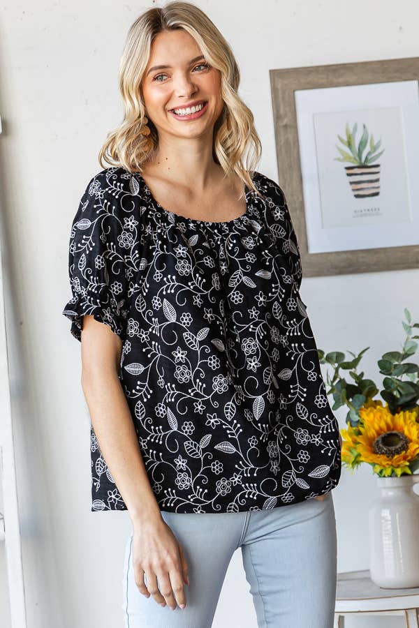 Floral Off Shoulder Puff Ruffle Sleeve Blouse T5895