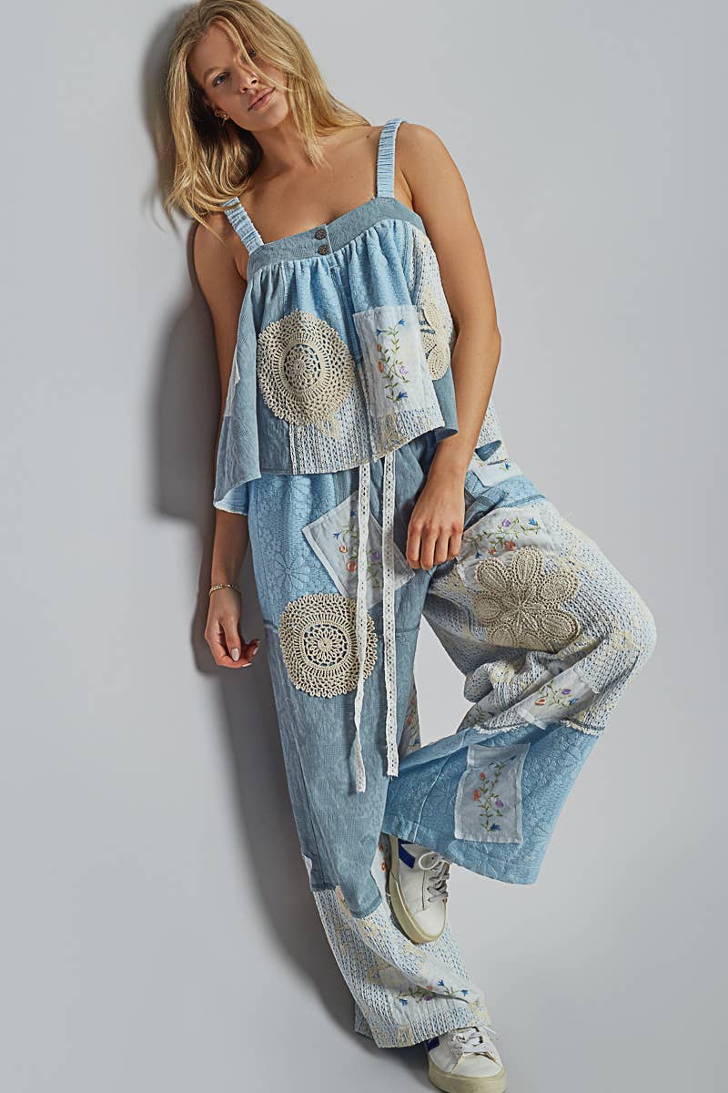 Solid Lace Patch Detail Woven Pants